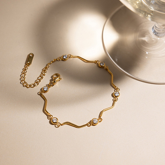 304 Браслеты из нержавеющей стали с кристаллами и стразами, плоские, круглые, волнистые, звенья, для женщин