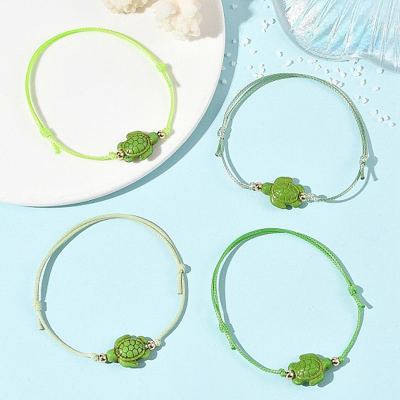 4pcs 4 bracelets en cordon de polyester ciré ajustable, ornés de perles turquoise synthétique teintes à l'océan et de tortues marines, pour femmes, or