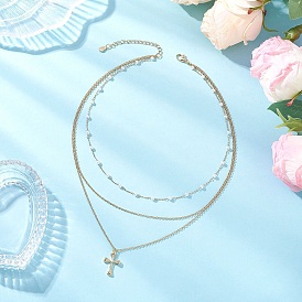 Латунный кулон с прозрачным кубическим цирконием 304 цепочка из нержавеющей стали и искусственного жемчуга 3 многослойные ожерелья для женщин, белые, золотые