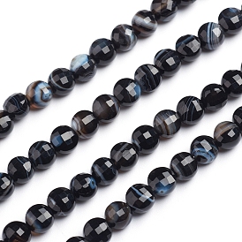Natural Striped Agate/Banded Agate Beads Strands, Flat Round, Faceted, Dyed & Heated