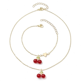 Cherry Lampwork Pendant Necklaces & Heart Link Bracelets Sets, Brass Jewelry for Women