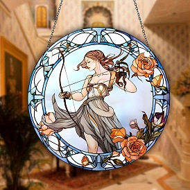 Acrylic Hanging Ornaments, Flat Round with Archery Woman Pattern Suncatchers for Garden Outdoor Hanging Decorations