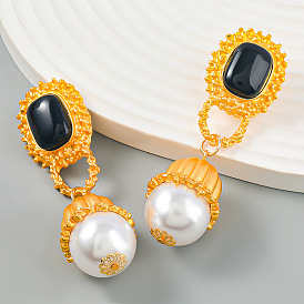 Geometric Pearl Earrings for Women, Fashionable Vintage Multi-layer Alloy Ear Drops with Cold Wind and Exaggerated Style