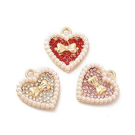 Alloy Rhinestone Pendants, with ABS Plastic Imitation Pearl Bead, Golden Tone Heart with Bowknot Charms
