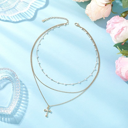 Латунный кулон с прозрачным кубическим цирконием 304 цепочка из нержавеющей стали и искусственного жемчуга 3 многослойные ожерелья для женщин, белые, золотые