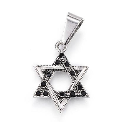 304 Stainless Steel Pendants, with Rhinestone, for Jewish, Hexagram/Star of David