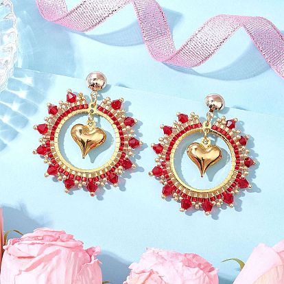 Серьги-гвоздики в форме железного сердца, с овальными подвесками из плетеного стекла, золотые