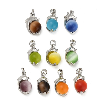 Cat Eye Pendants, Round with Dolphin Charm, with Alloy Findings, Platinum