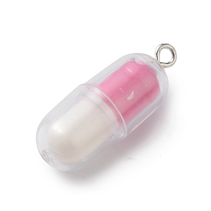 Translucent Plastic Pendants, Pill Capsule Charm, with Platinum Tone Iron Loops