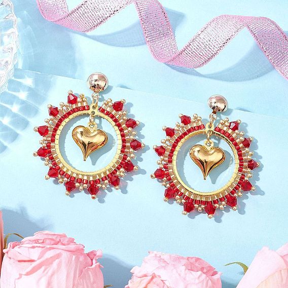 Серьги-гвоздики в форме железного сердца, с овальными подвесками из плетеного стекла, золотые