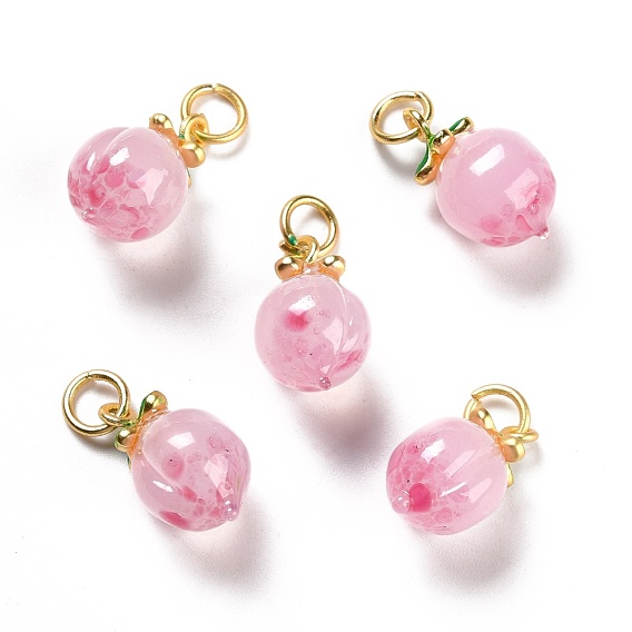 Handmade Lampwork Pendants, with Brass Findings, Cadmium Free & Lead Free, Peach with Clover