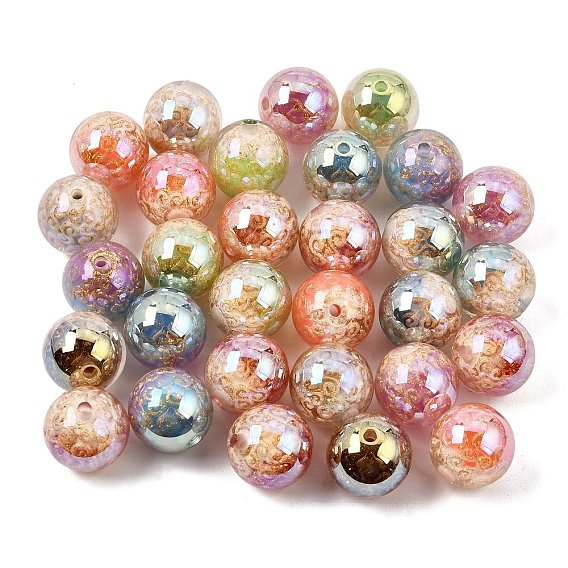 Plating Transparent Resin Beads, Round with Auspicious Cloud, with Gold Powder