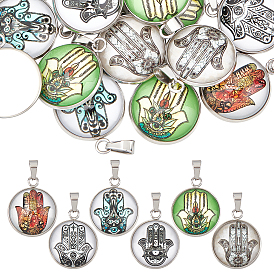 24шт 6 цветные стеклянные подвески с узором «хамса», с 304 фурнитурой из нержавеющей стали, плоско-круглые