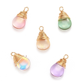 Transparent Glass Pendants, with Gold Copper Wire Wrapped Pendants, Teardrop