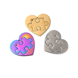 Placage ionique (ip) 304 pendentifs fendus en acier inoxydable, charme de coeur et de puzzle