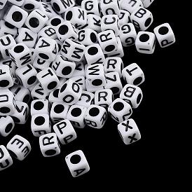 Perles acryliques opaques à trou horizontal, mélange de lettres, cube avec la lettre