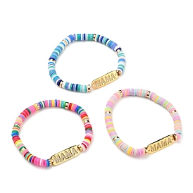 Mother's Day Gifts, Brass Micro Pave Cubic Zirconia Link Bracelets, with Polymer Clay Heishi Beads and Non-magnetic Synthetic Hematite Beads, Rectangle with Word MaMa