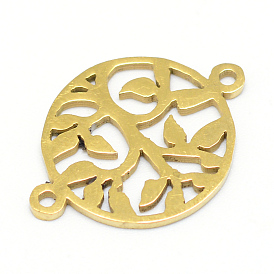 201 Stainless Steel Connector Charms, Flat Round with Leaf