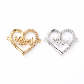 Brass Micro Pave Clear Cubic Zirconia Links, Long-Lasting Plated, for Mother's Day, Heart with Word Mami