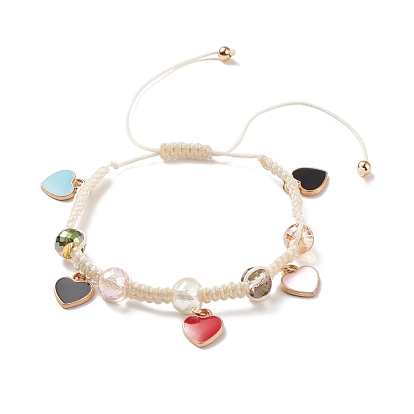 Round Glass Braided Bead Bracelet with Alloy Enamel Heart Charm for Women