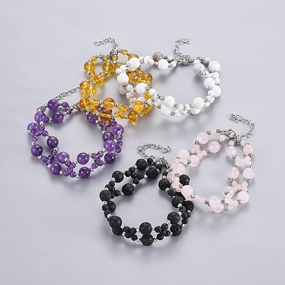 Natural Gemstone Beads Multi-strand Bracelets, with Non-magnetic Hematite Beads and 304 Stainless Steel Findings