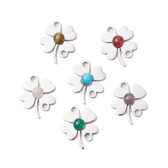 Подвески-клеверы, звенья из нержавеющей стали с лазерной резкой, с кабошонами из смешанных натуральных и синтетических драгоценных камней