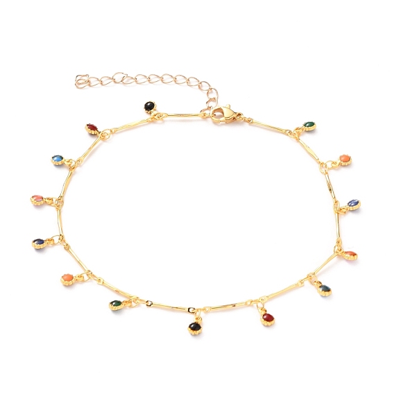 Brass Enamel Flat Round Charm Anklets, with Brass Bar Link Chains and 304 Stainless Steel Lobster Claw Clasps, Colorful