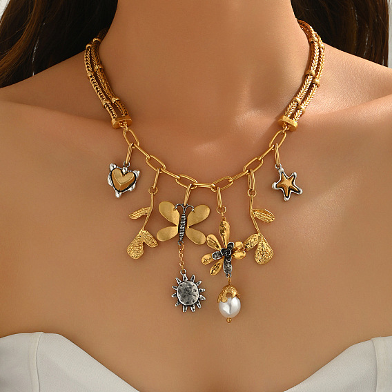 Alloy & Imitation Pearl Sun Butterfly Flower Pendant Bib Necklaces for Women