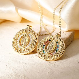 Brass Pave Cubic zirconia Flat Round with Virgin Mary Pendant Necklaces, Golden