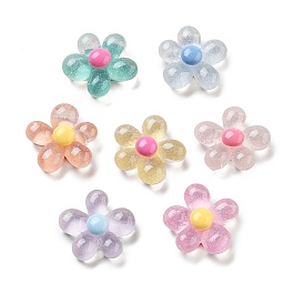 Translucent Resin Decoden Cabochons, 5-Petal Flower with Glitter Powder