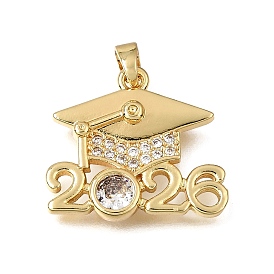 Brass Micro Pave Clear Cubic Zirconia Pendants, Mortarboard with Number 2026 Charms, Rack Plating, Long-Lasting Plated, Cadmium Free & Lead Free