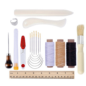 Leather Craft Kits, Including Waxed Cotton Thread, Plastic Creaser, Sewing Needles, Sewing Needle Storage Box, Awl, Ring, Ruler, Scissors