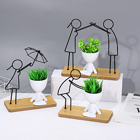 Simple creative abstract parent-child series succulent green plant iron art + wooden plastic flower pot combination decorative ornaments