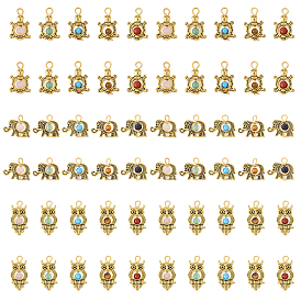 60 шт. 15 стили антикварные подвески из сплава золотого тона, со смешанными шарики Gemstone, слон, черепаха и сова, разнообразные