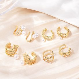 Латунные серьги-манжеты из прозрачного кубического циркония, с пластиковой имитационной жемчужиной