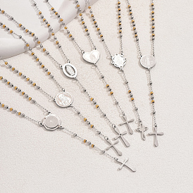 Винтажные 201 четки из нержавеющей стали, Saint Vrigin Corss Tassel Y-образные панк-хип-хоп ожерелья для женщин, серебряный цвет гальваническим