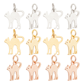 12Pcs 3 Colors 201 Stainless Steel Kitten Pendants, Stretch Cat Shape