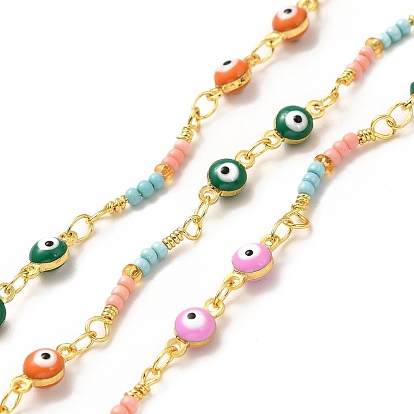 Brass Enamel Evil Eye Link Chains, with Colorful Glass Beaded, Soldered, with Spool