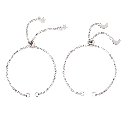 2 шт. 2 стили 2.5 мм 304 изготовление браслета-слайдера из нержавеющей стали, с 304 подвесками в виде луны и звезд из нержавеющей стали, не тускнеет