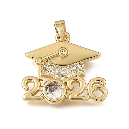 Brass Micro Pave Clear Cubic Zirconia Pendants, Mortarboard with Number 2026 Charms, Rack Plating, Long-Lasting Plated, Cadmium Free & Lead Free