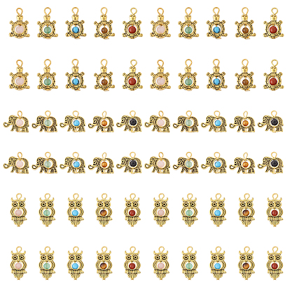 60 шт. 15 стили антикварные подвески из сплава золотого тона, со смешанными шарики Gemstone, слон, черепаха и сова, разнообразные