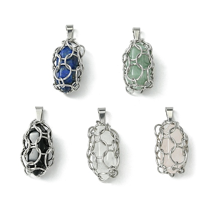 Natural Mixed Stone Stainless Steel Ring Wrapped Pointed Pendants, Faceted Bullet Charms, Stainless Steel Color