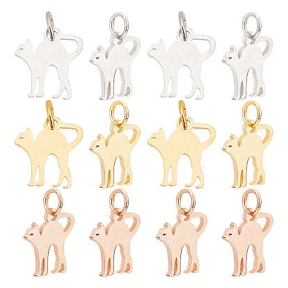 12Pcs 3 Colors 201 Stainless Steel Kitten Pendants, Stretch Cat Shape