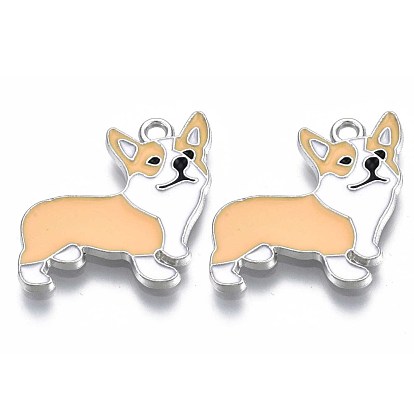 Pendentifs de chien d'émail d'alliage de placage de support, sans plomb & sans nickel & sans cadmium , platine, corgi