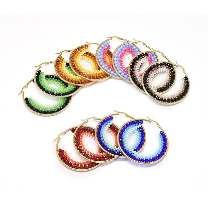 304 Stainless Steel Hoop Earrings, Beaded Hoop Earrings, with Glass Beads, Ring