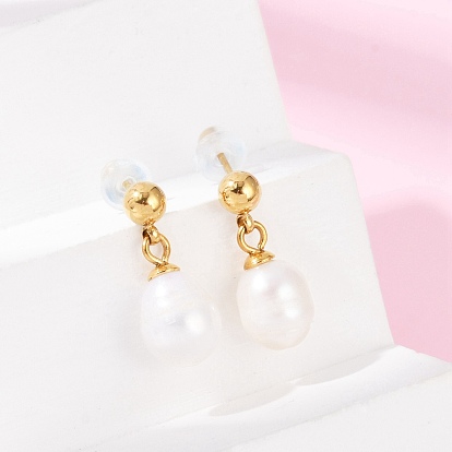 304 Stainless Steel Natural Freshwater Pearl Dangle Stud Earrings, Ion Plating(IP), Oval