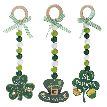 Saint Patrick's Day Wood Pendant Decoration, with Wood Beaded and Ring Hanging Decoration