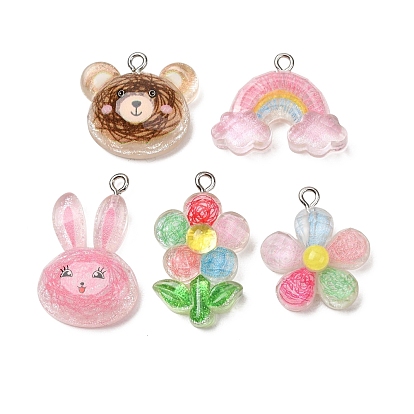 Transparent Resin Pendants, Mixed Shapes Charm, with Platinum Iron Loops & Glitter Powder