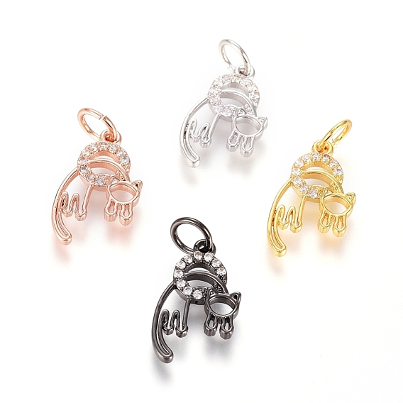 Brass Micro Pave Cubic Zirconia Pendants, with Jump Ring, Long-Lasting Plated, Ring with Cat