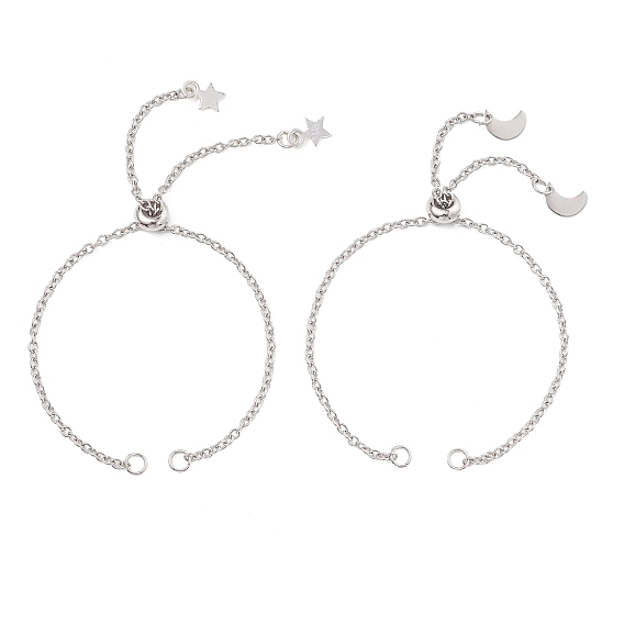 2 шт. 2 стили 2.5 мм 304 изготовление браслета-слайдера из нержавеющей стали, с 304 подвесками в виде луны и звезд из нержавеющей стали, не тускнеет